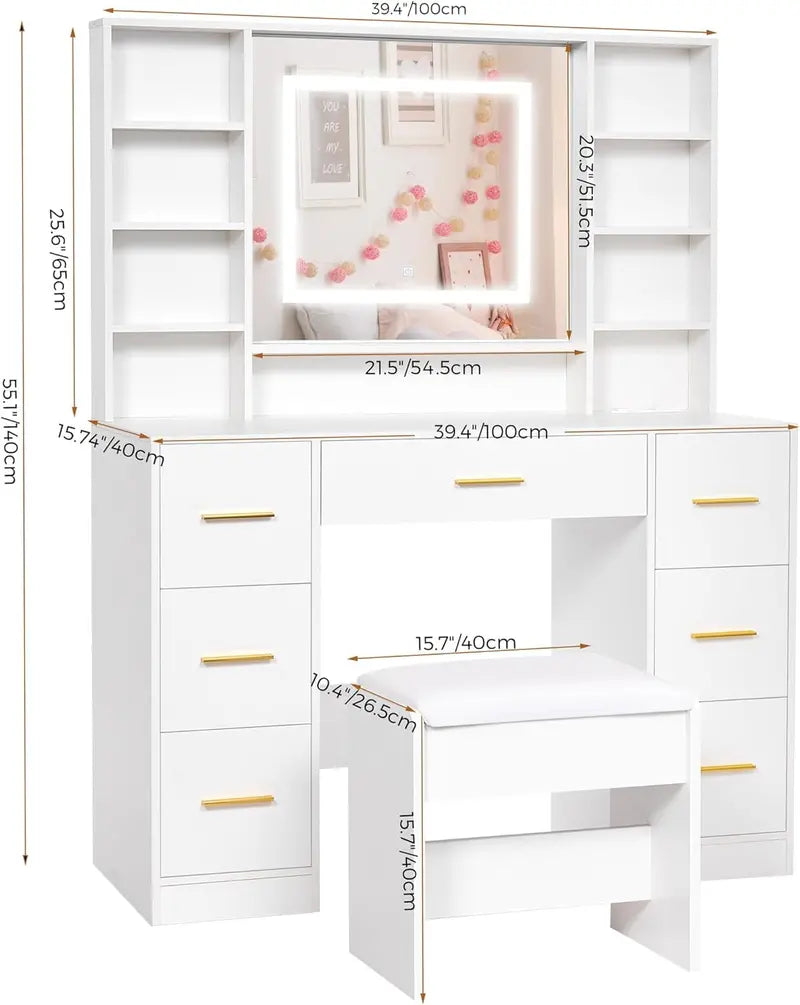 ANWBROAD 39.4-Inch Youth Vanity Desk  Soft LED Mirror Setup for Teens and Small Spaces