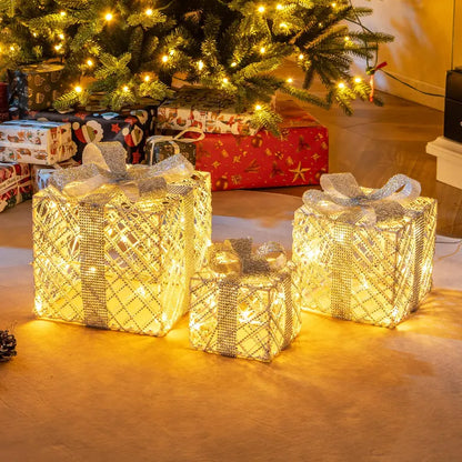 Set of Three Lighted Gift Box Ornaments ¡ª 90 LEDs Total, Festive Bow Accents for Indoor or Outdoor Use
