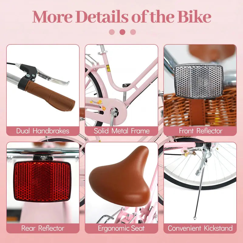 Classic Beach Cruiser Bike  Front Basket, Rear Rack, Bell  Designed for Teens & Adults