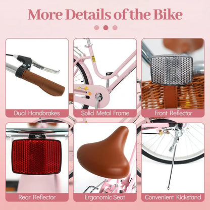Classic Beach Cruiser Bike  Front Basket, Rear Rack, Bell  Designed for Teens & Adults
