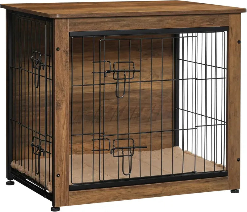 DWANTON Wooden Dog Crate Furniture with Cushion, Multi-Functional Pet Crate & Side Table, Durable & Chew-Resistant, Double Doors, Adjustable Feet