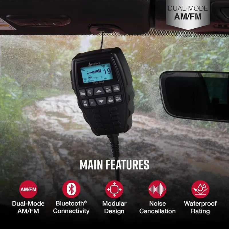 Cobra 75 All-Road Wireless CB Radio  Dual AM/FM, Bluetooth, Noise Cancel, Waterproof, 40 Channels, Black
