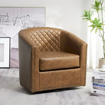 KINWELL Tufted PU Leather Swivel Barrel Chair  29-Inch Wide Comfort Seating