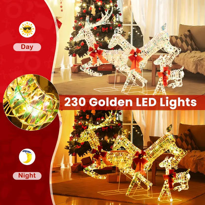 Three-Light LED Reindeer Set — Festive Outdoor Xmas Decor with Red Bows