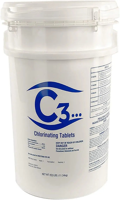 Brand C3 3″ Stabilized Chlorine Tablets for Pools & Spas  50 lbs, Slow-Dissolving, UV-Protected