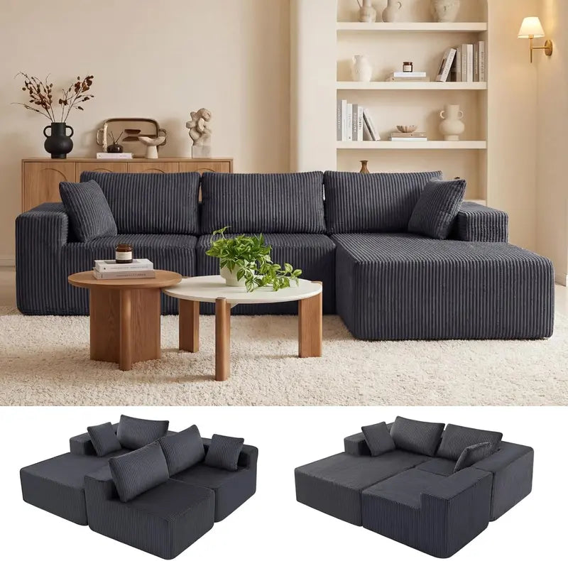 DUMOS Cloud Modular Sectional Sofa  108″ L-Shaped Boneless Couch with Deep Seat, Beige (Left Chaise)