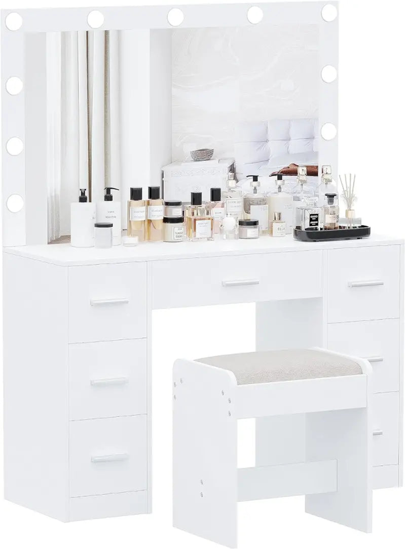 Lighted Vanity Desk Set  Adjustable Brightness Makeup Table with 3-Color LED Mirror & Matching Stool