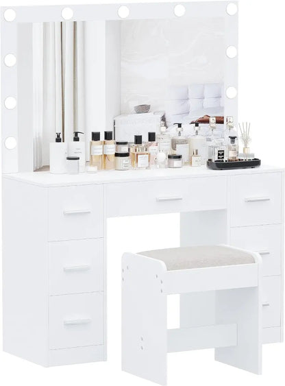 Lighted Vanity Desk Set  Adjustable Brightness Makeup Table with 3-Color LED Mirror & Matching Stool