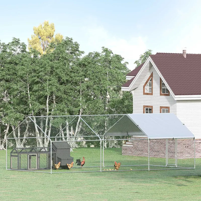 PawHut Galvanized Large Metal Chicken Coop Cage, 3 Room Walk-in Enclosure, Poultry Hen House with UV and Water Resistant Cover for Outdoor Backyard, 10′ x 19.7′ x 6.4′