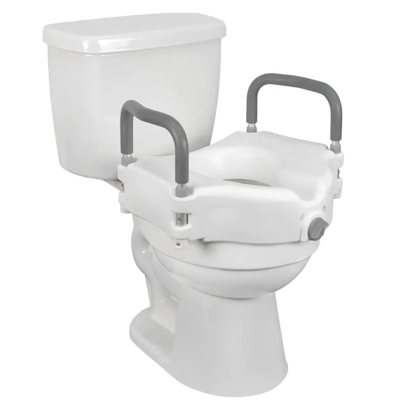 Height-Adjustable Raised Toilet Seat with Cushioned Armrests and Secure Mounting System