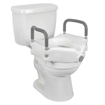 Height-Adjustable Raised Toilet Seat with Cushioned Armrests and Secure Mounting System