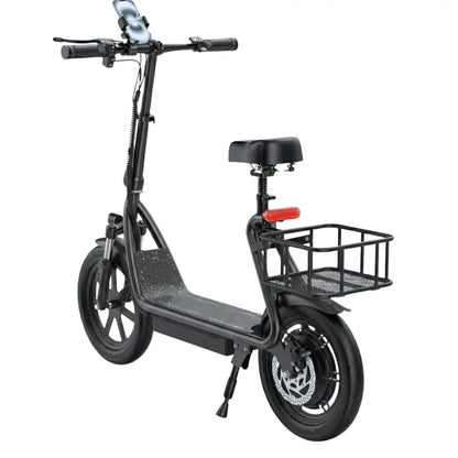 Foldable E-Scooter with Detachable Seat, Rear Cargo Basket, and 14″ Pneumatic Tires