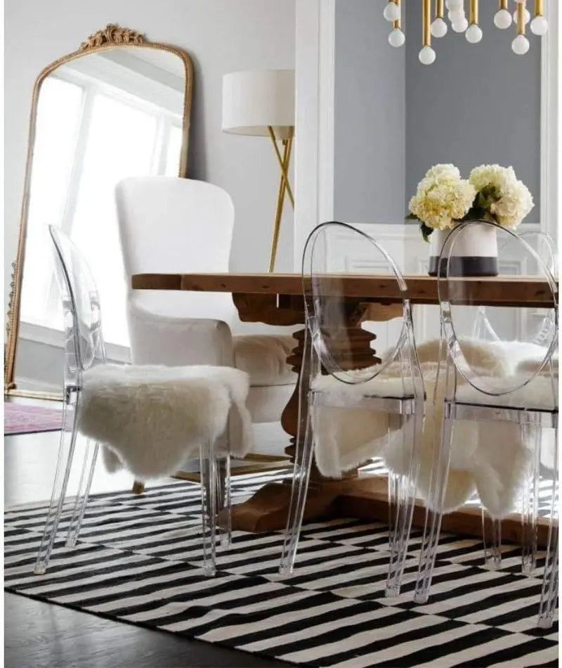 Set of Two Philippe StarckInspired Ghost Chairs: Transparent Polycarbonate Design, Stackable, Ergonomic, and Suitable for Indoor or Outdoor Use