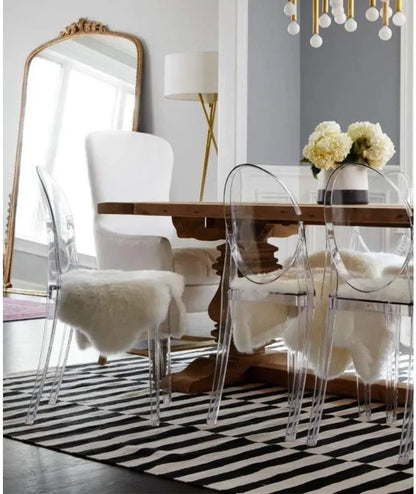Set of Two Philippe StarckInspired Ghost Chairs: Transparent Polycarbonate Design, Stackable, Ergonomic, and Suitable for Indoor or Outdoor Use