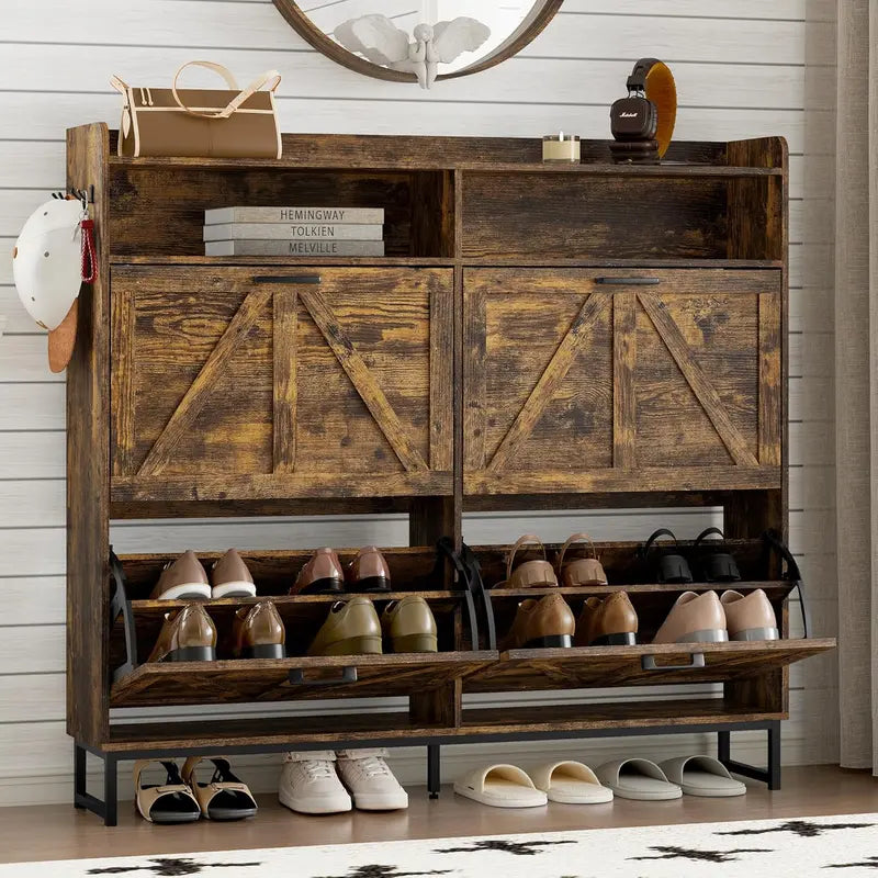 Minimalist Wooden Shoe Storage Cabinet with 2 Flip Drawers and Slim Profile