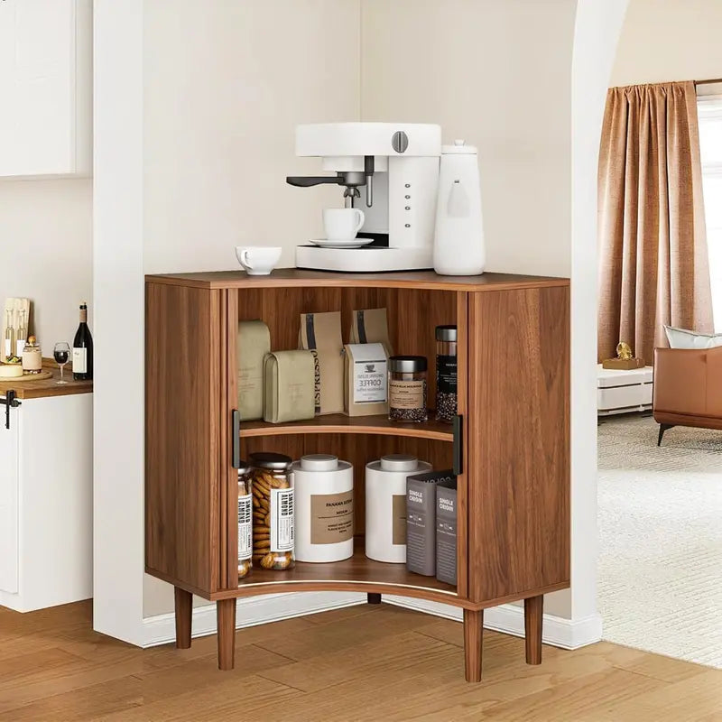 Compact Fluted Wooden Corner Base Cabinet — Minimalist Storage Solution