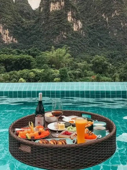 Handmade Rattan Serving Tray with Handles  Floating Breakfast Tray for Pool, Spa, Parties & Photography