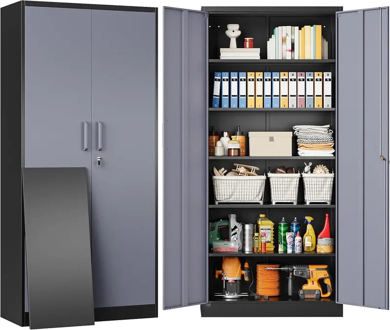 Heavy-Duty Lockable Metal Storage Cabinet  71-Inch Black Steel Unit with Six Shelves for Garage, Office, or Workshop Use