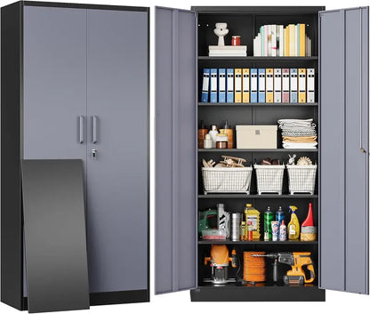 Heavy-Duty Lockable Metal Storage Cabinet  71-Inch Black Steel Unit with Six Shelves for Garage, Office, or Workshop Use