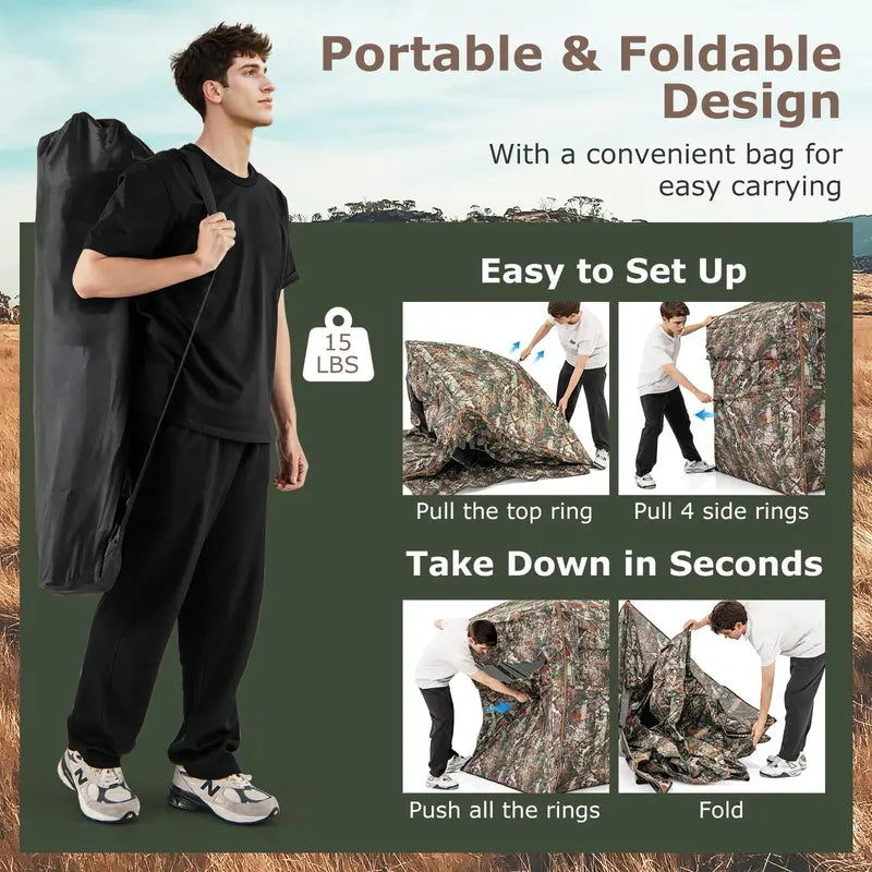 Full-Access 360° Hunting Blind  Zippered Entry, Carry Bag, and Compact Ground Shelter for Deer or Turkey