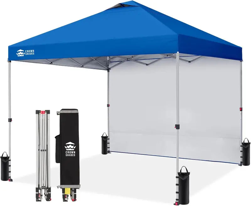 CROWN SHADES 10′ x 10′ Pop-Up Canopy with Single Sidewall: Portable Event Shelter for Parties, Campgrounds, and Outdoor Markets — Includes STO-N-Go Carry Bag