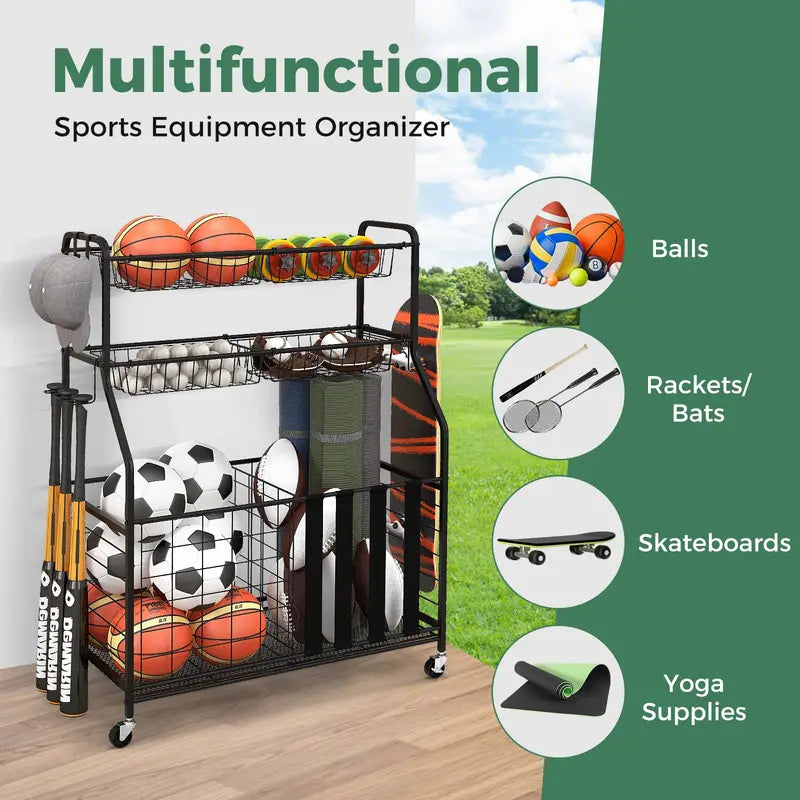 Mobile Sports Equipment Organizer  Wheeled Ball Rack for Garage or Gym Storage