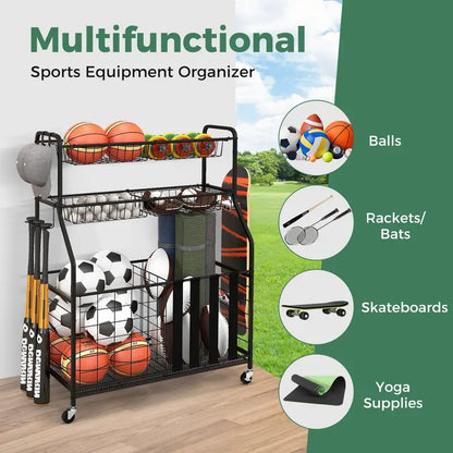 Mobile Sports Equipment Organizer  Wheeled Ball Rack for Garage or Gym Storage
