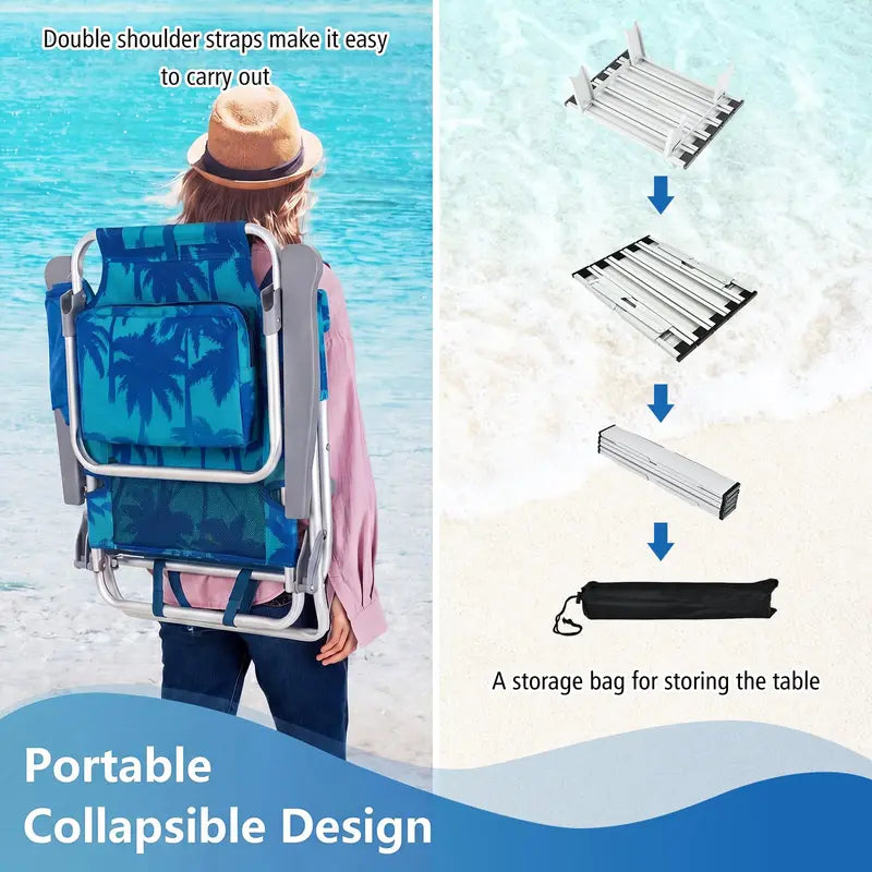 Adjustable Folding Beach Chair for Adults  5-Position Recline, Head Pillow & Integrated Cooler Bag