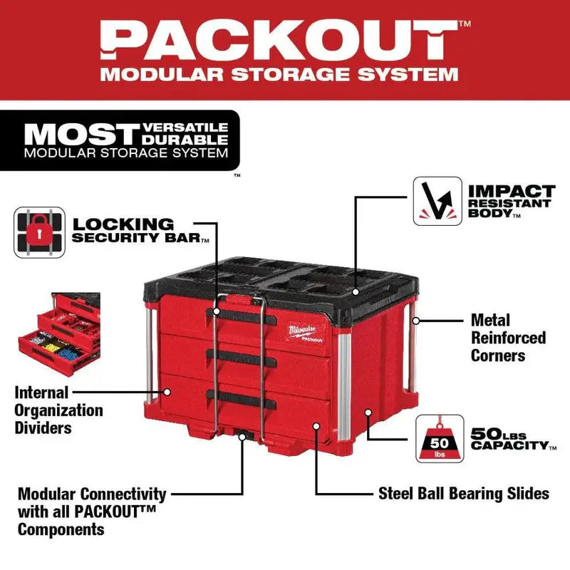 MW PACKOUT 3-Drawer Rolling Tool Box  Durable Modular Storage System (Model 48-22-8443)