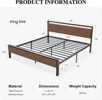 SHA CERLIN Queen Metal Platform Bed  14-Inch Frame with Wooden Headboard &amp; Footboard