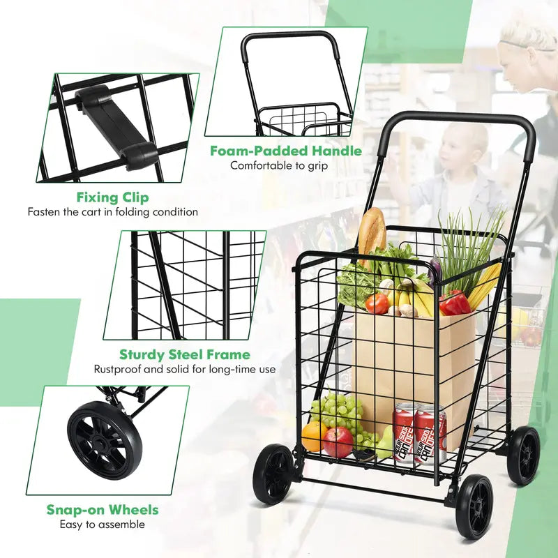 Heavy-Duty Foldable Grocery Cart with Smooth-Rolling Wheels