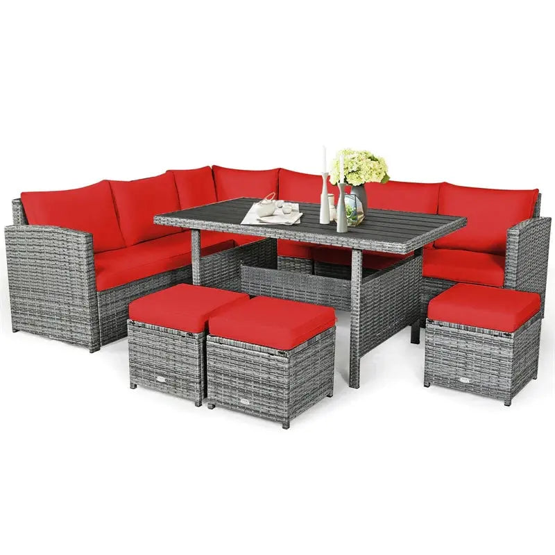 7-Piece Resin Wicker Outdoor Sectional Set  Rattan Sofa Group with Dining Table, Ottomans, and Weather-Resistant Cushions