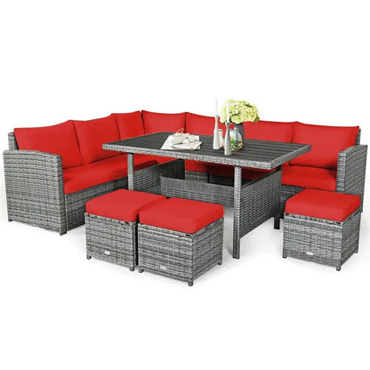 7-Piece Resin Wicker Outdoor Sectional Set  Rattan Sofa Group with Dining Table, Ottomans, and Weather-Resistant Cushions