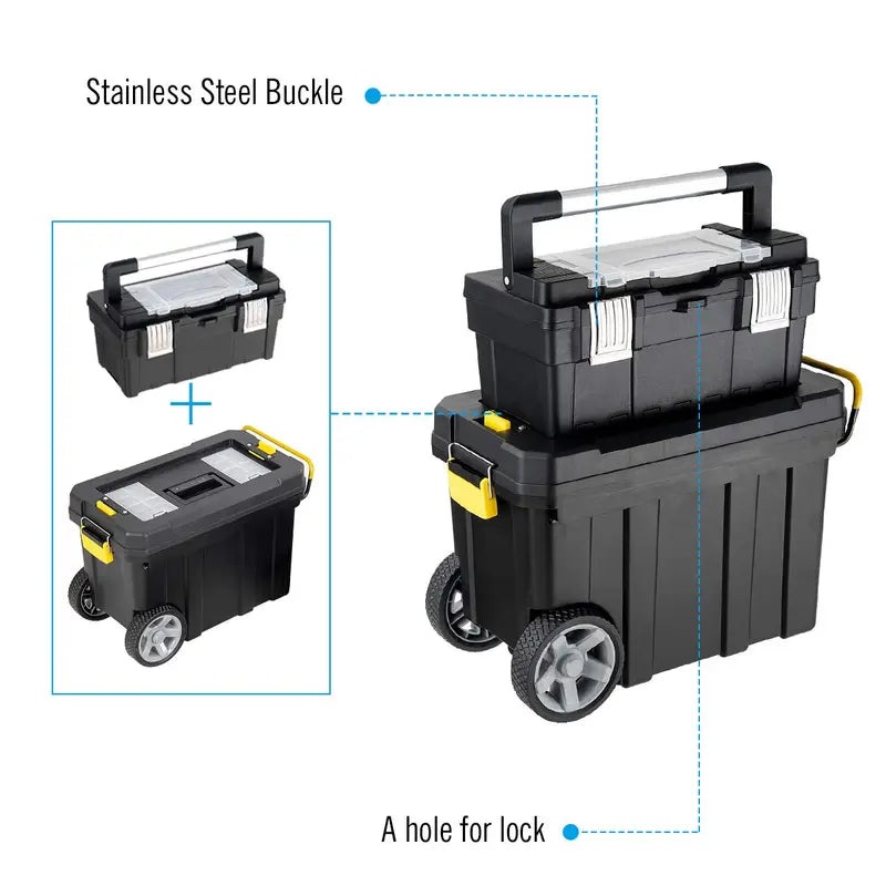 2-in-1 Rolling Toolbox  Modular Plastic Storage System with Wheels & Handles