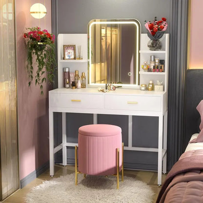 Adjustable LED Vanity Desk  White Dressing Table with Mirror, 2 Drawers, Open Shelves & 3-Color Brightness Control