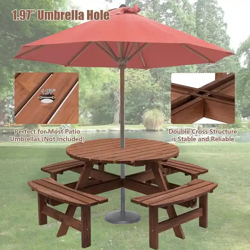 8-Person Fir Wood Picnic Set  Round Patio Table with 4 Built-In Benches & Umbrella Hole