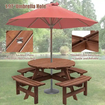 8-Person Fir Wood Picnic Set  Round Patio Table with 4 Built-In Benches & Umbrella Hole