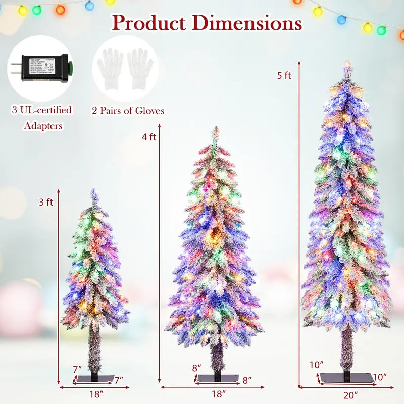Three-Piece Snow-Flocked Christmas Tree Set  3’, 4’, and 5’ Trees with 300 Multicolor LEDs