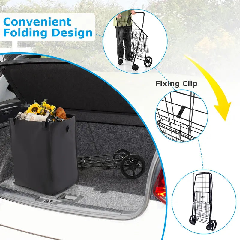 Heavy-Duty Folding Grocery Cart  330-LB Capacity, Dual Baskets, and 360° Swivel Wheels