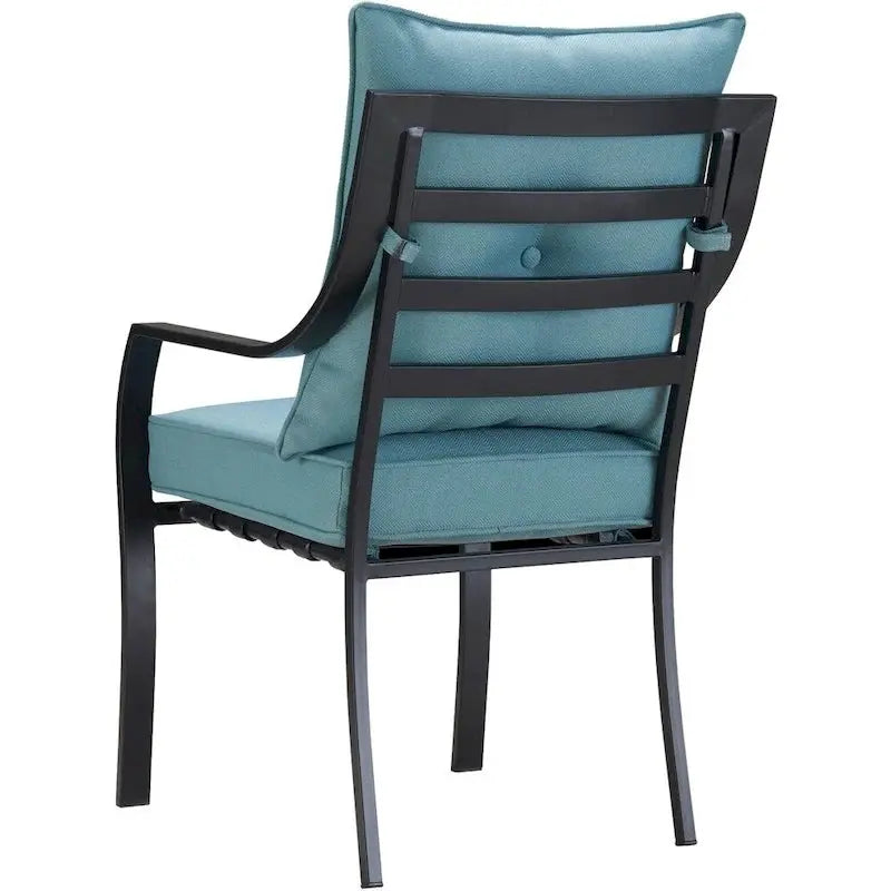 Hanover Lavallette 5-Piece Dining Ensemble — Ocean Blue Chairs, 52-Inch Round Glass Table, Umbrella & Base