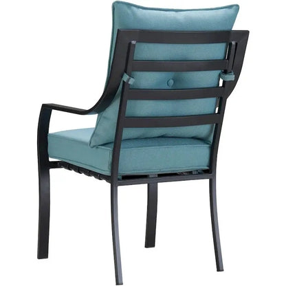 Hanover Lavallette 5-Piece Dining Ensemble — Ocean Blue Chairs, 52-Inch Round Glass Table, Umbrella & Base