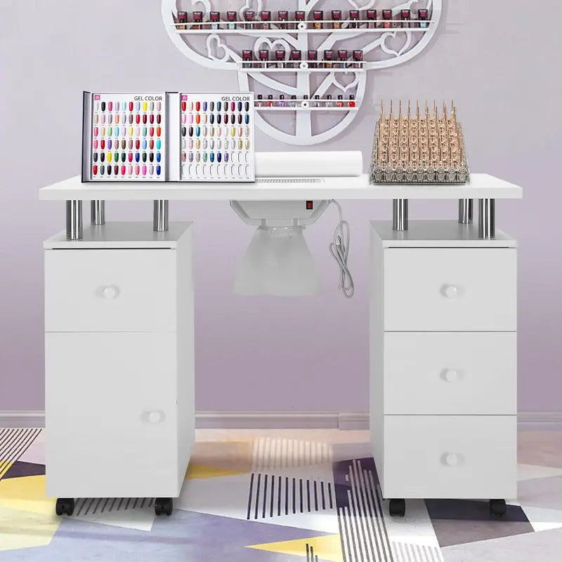 Electric Nail Technician Desk with Acetone-Resistant Surface, Dust Collector & Wrist Support  Mobile Beauty Station with Locking Casters, Drawer & Cabinet (White)