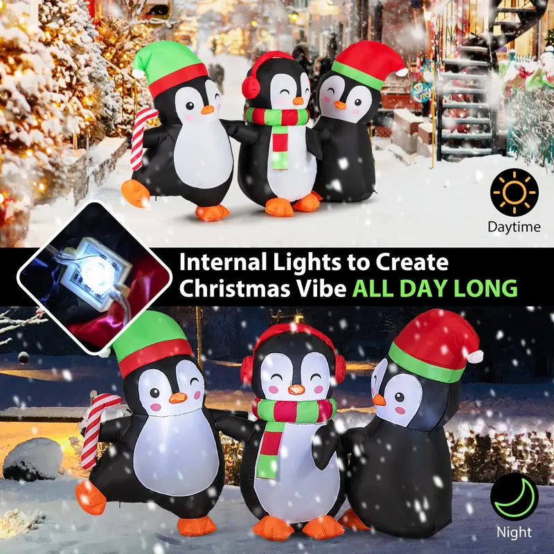 6-Foot Inflatable Penguin Family — LED-Lit Group Display with Interlocked Hands