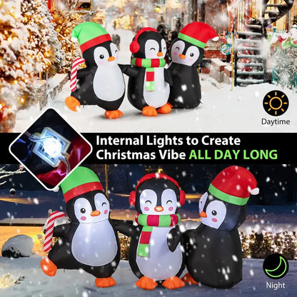 6-Foot Inflatable Penguin Family — LED-Lit Group Display with Interlocked Hands