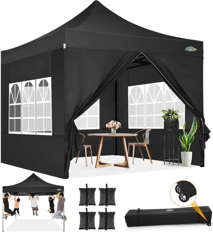 COBIZI Heavy-Duty 10×20 FT Pop-Up Canopy Tent  6 Wind-Resistant Sidewalls, Black Frame, Roller Bag