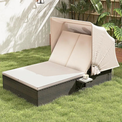 RELAX4LIFE Outdoor Wicker Daybed  Retractable Canopy Double Chaise Lounge with 6-Position Adjustable Backrest