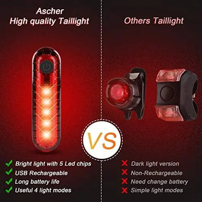 Ascher Ultra-Bright USB Rechargeable 4-Mode Bike Light Set  Powerful Front & Rear Lights for Cycling