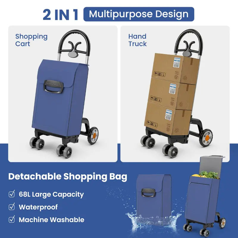 6-Wheel Heavy-Duty Folding Grocery Cart, Expandable Shopping Trolley with Reinforced Frame