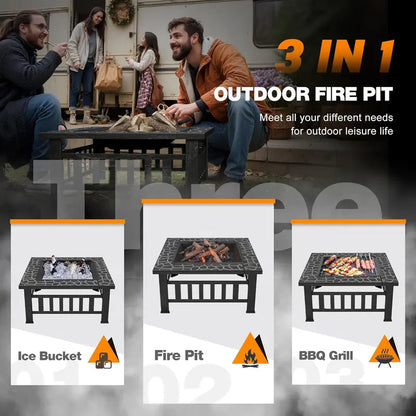 Devoko 32-Inch Outdoor Fire Pit Table  Weather-Resistant Metal Fireplace with Waterproof Cover for Patios