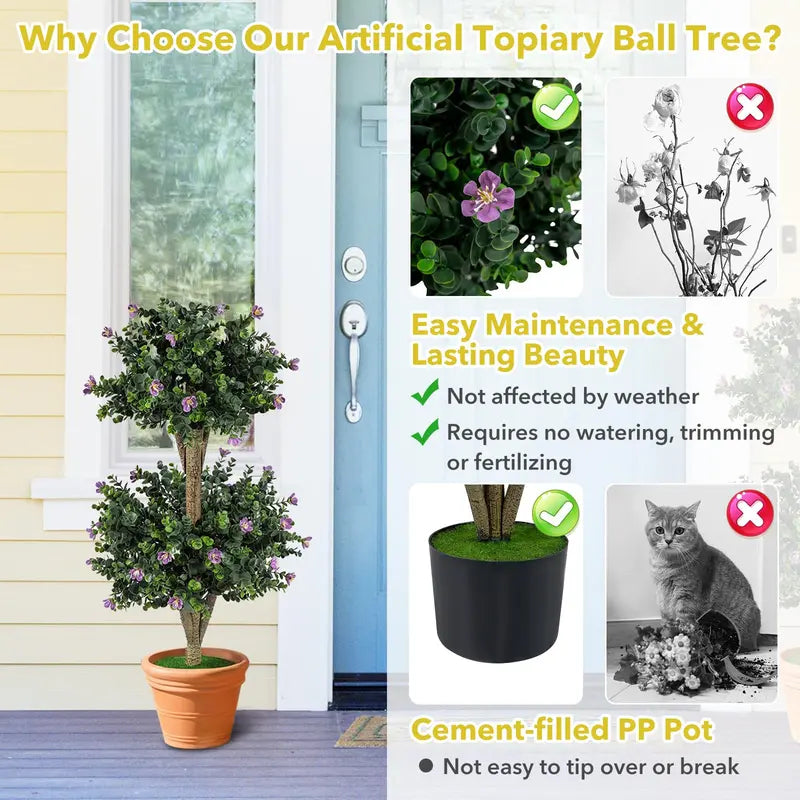 Set of Two 3-Foot Double-Ball Boxwood Topiaries for Porch or Entryway Decoration